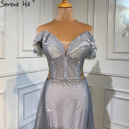Serene Hill Silver Detachable Train Evening Dresses Gowns 2025 Luxury Sparkle Mermaid For Wowmen Party LA70813 - SERENE HILL