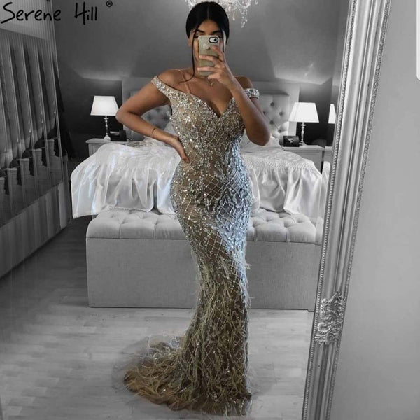 Serene Hill Silver Feather Mermaid Evening Dresses Gowns 2021 Beaded Elegant Luxury For Women Party LA71467
