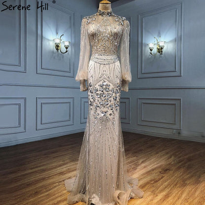 Silver Mermaid Luxury Beaded Evening Dress Gown Full Sleeves LA71036 (On Sale, No Return, No Refund) - SERENE HILL