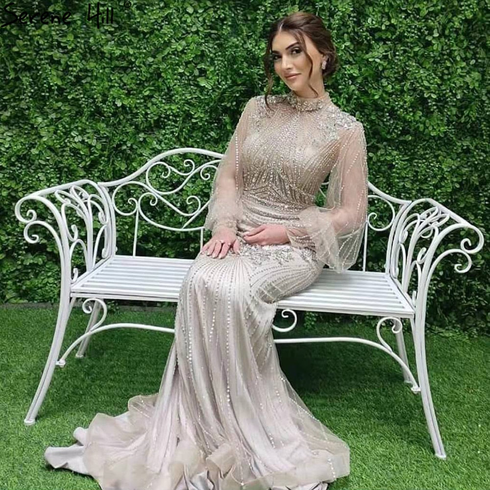 Silver Mermaid Luxury Beaded Evening Dress Gown Full Sleeves LA71036 (On Sale, No Return, No Refund) - SERENE HILL