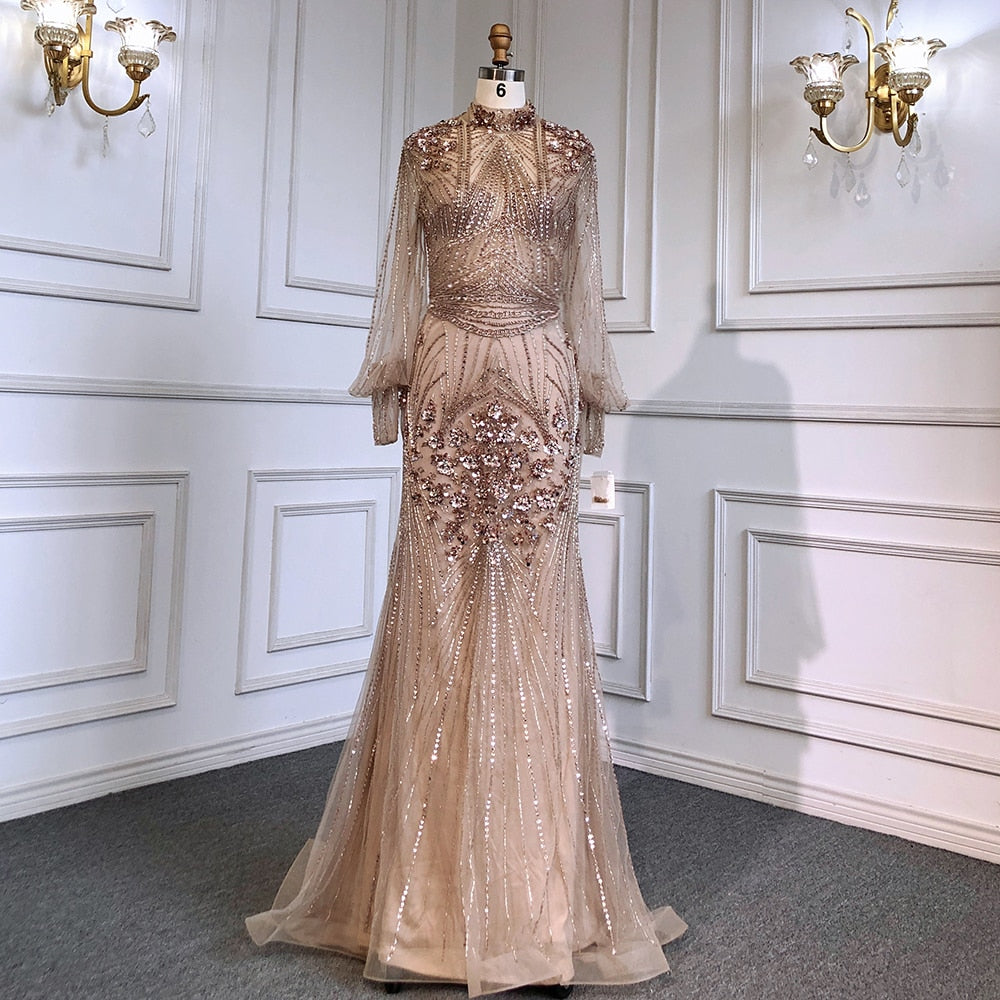 Silver Mermaid Luxury Beaded Evening Dress Gown Full Sleeves LA71036 (On Sale, No Return, No Refund) - SERENE HILL