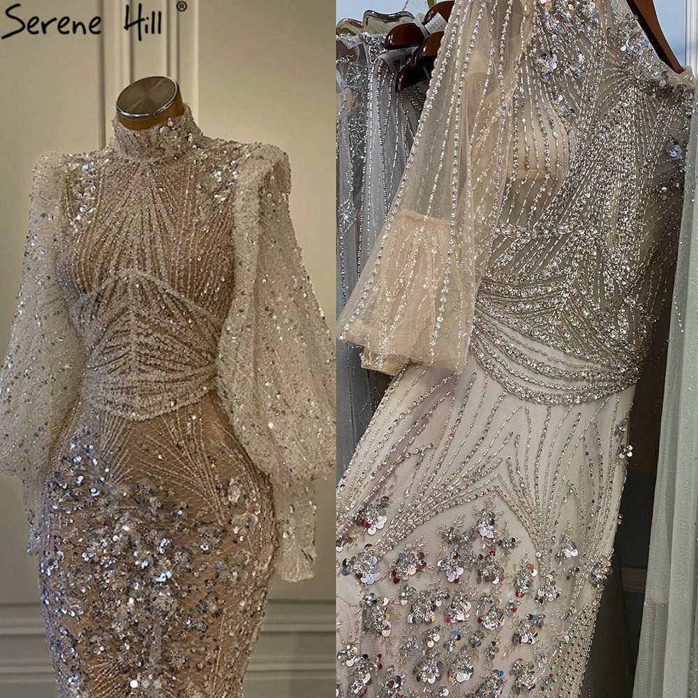 Silver Mermaid Luxury Beaded Evening Dress Gown Full Sleeves LA71036 (On Sale, No Return, No Refund) - SERENE HILL