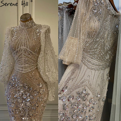 Silver Mermaid Luxury Beaded Evening Dress Gown Full Sleeves LA71036 (On Sale, No Return, No Refund) - SERENE HILL