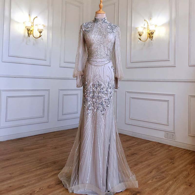 Silver Mermaid Luxury Beaded Evening Dress Gown Full Sleeves LA71036 (On Sale, No Return, No Refund) - SERENE HILL