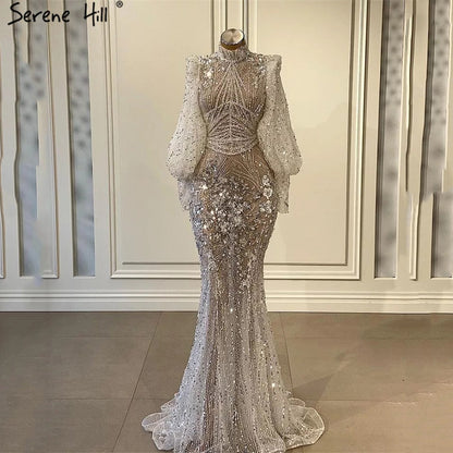 On Sale no return no refundSerene Hill Silver Mermaid Luxury Evening Dresses Gowns Full Sleeves Beaded Elegant 2025 For Women Party LA71036 Silver
