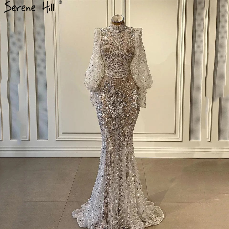 Silver Mermaid Luxury Beaded Evening Dress Gown Full Sleeves LA71036 (On Sale, No Return, No Refund) - SERENE HILL