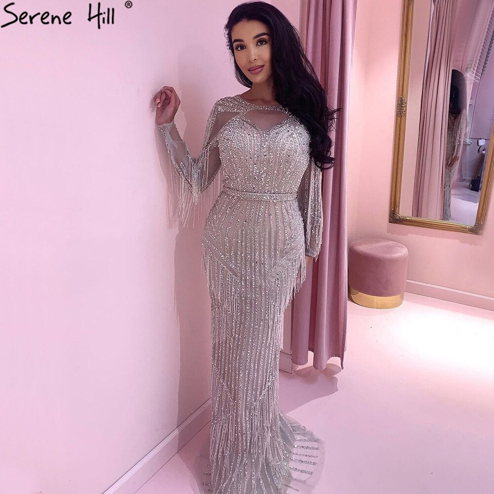Luxury Dubai Tassel Silver Nude Mermaid Evening Dress LA71166