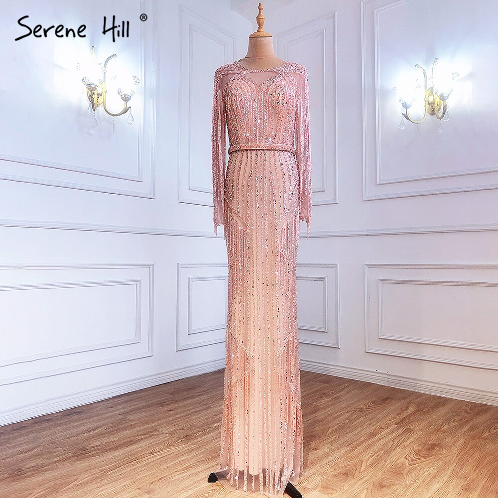 Luxury Dubai Tassel Silver Nude Mermaid Evening Dress LA71166