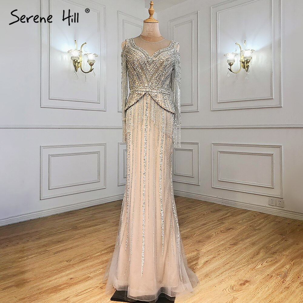 Serene Hill Silver Nude Luxury Elegnat Evening Dresses Gowns 2025 Mermaid Beaded Tassel For Woman Party LA71295 - SERENE HILL