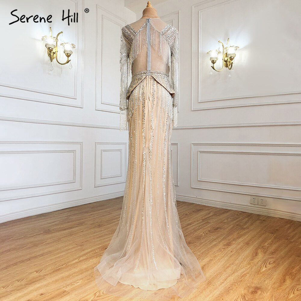 Serene Hill Silver Nude Luxury Elegnat Evening Dresses Gowns 2025 Mermaid Beaded Tassel For Woman Party LA71295 - SERENE HILL