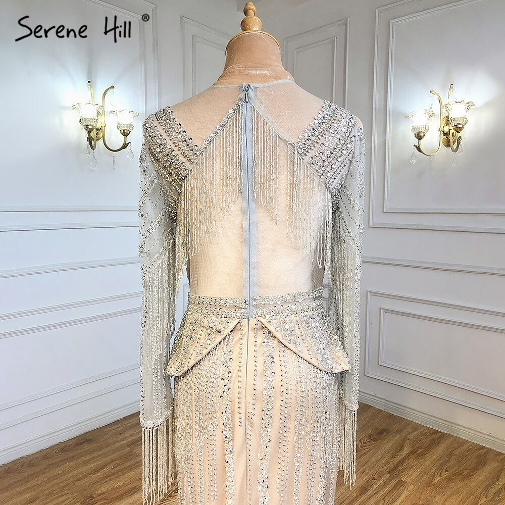 Serene Hill Silver Nude Luxury Elegnat Evening Dresses Gowns 2025 Mermaid Beaded Tassel For Woman Party LA71295 - SERENE HILL