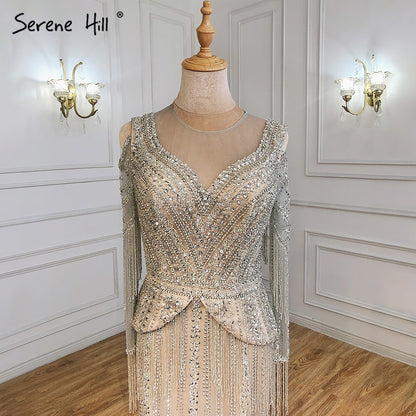 Serene Hill Silver Nude Luxury Elegnat Evening Dresses Gowns 2025 Mermaid Beaded Tassel For Woman Party LA71295 - SERENE HILL