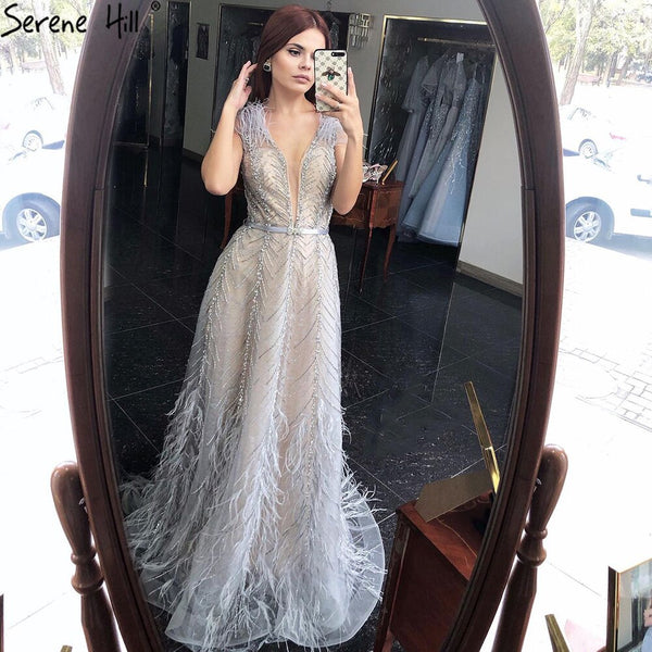 هيل هيل سيرين فضي عارية فساتين سهرة فاخرة 2025 ريشة الديكور مثير A-LINE A-LINE FOR Women Party LA70835