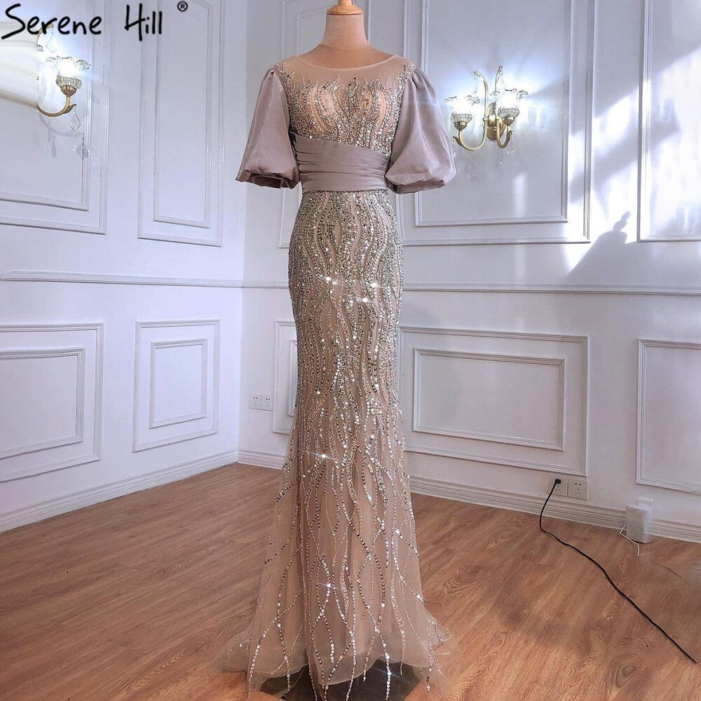 Serene Hill Silver Nude Luxury Mermaid Beading Evening Dresses Gowns Puffy Sleeves Elegant For Women Party LA70809 - SERENE HILL