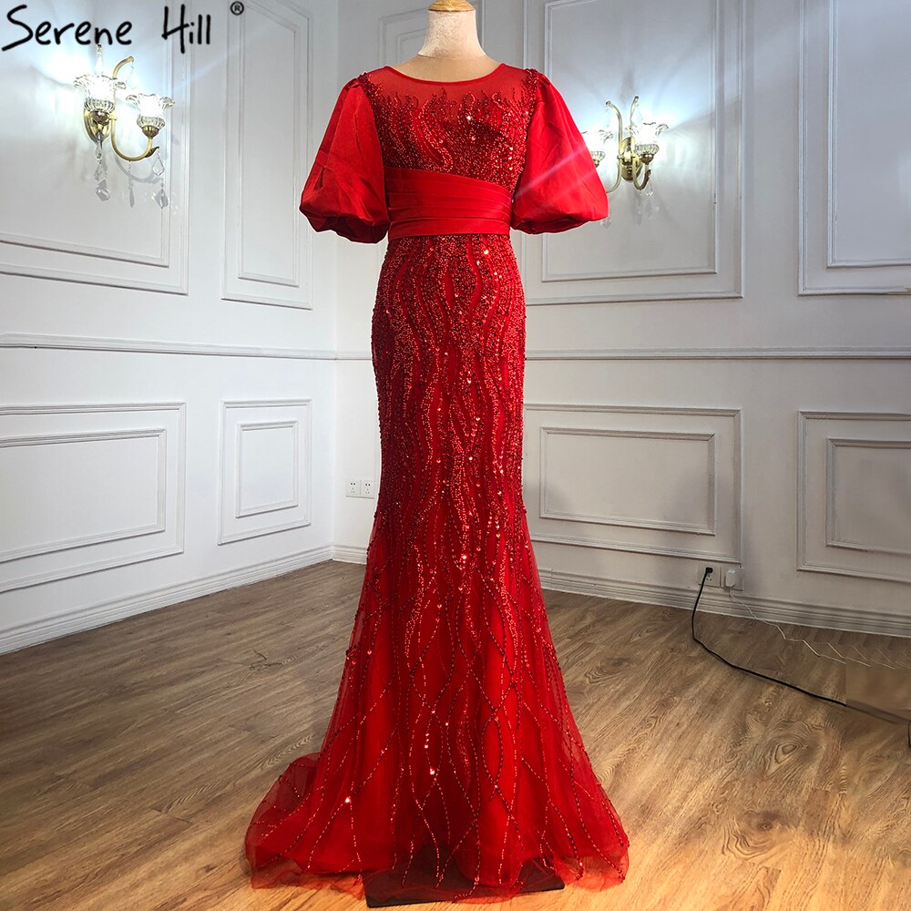 Serene Hill Silver Nude Luxury Mermaid Beading Evening Dresses Gowns Puffy Sleeves Elegant For Women Party LA70809 - SERENE HILL