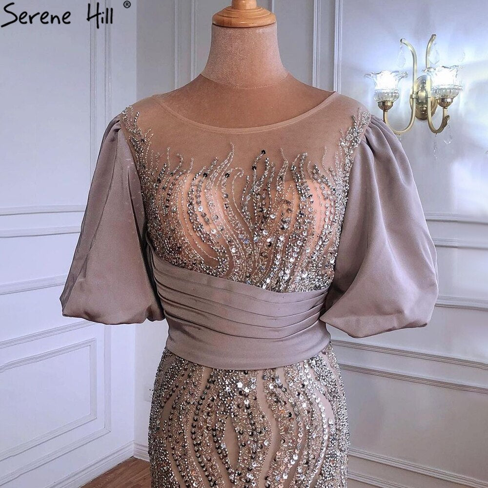 Serene Hill Silver Nude Luxury Mermaid Beading Evening Dresses Gowns Puffy Sleeves Elegant For Women Party LA70809 - SERENE HILL