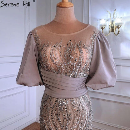 Serene Hill Silver Nude Luxury Mermaid Beading Evening Dresses Gowns Puffy Sleeves Elegant For Women Party LA70809 - SERENE HILL