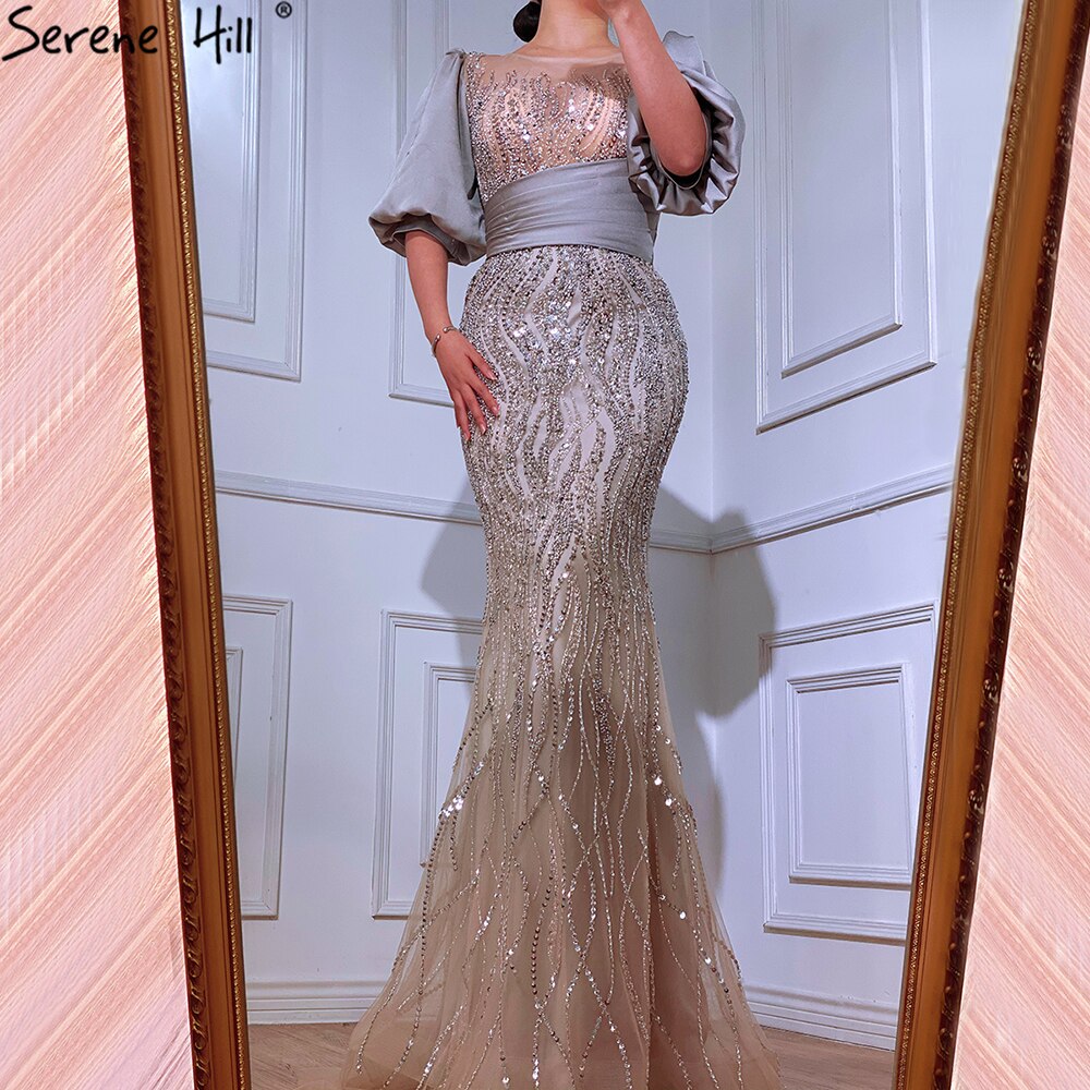 Serene Hill Silver Nude Luxury Mermaid Beading Evening Dresses Gowns Puffy Sleeves Elegant For Women Party LA70809 - SERENE HILL