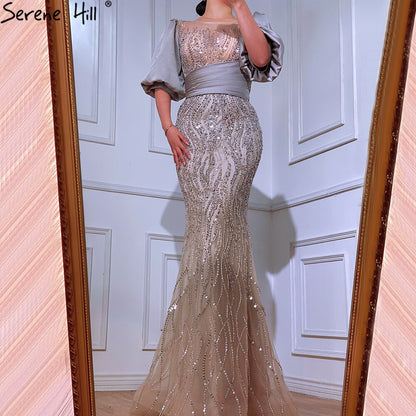 Serene Hill Silver Nude Luxury Mermaid Beading Evening Dresses Gowns Puffy Sleeves Elegant For Women Party LA70809 - SERENE HILL