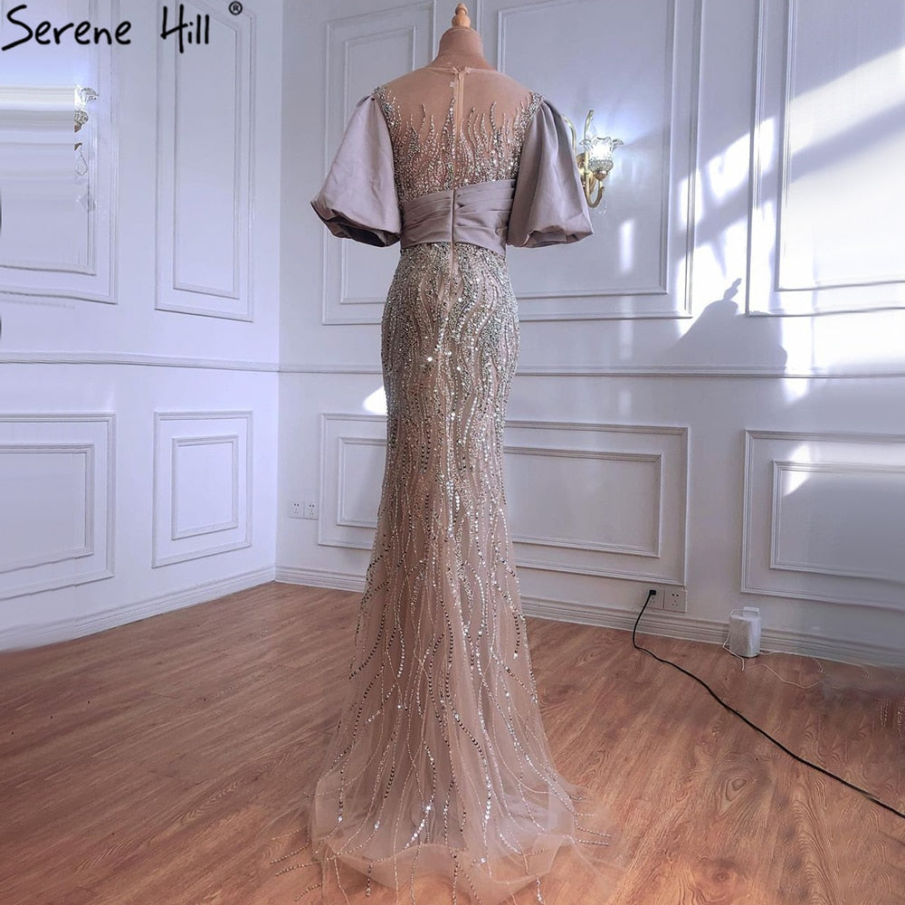 Serene Hill Silver Nude Luxury Mermaid Beading Evening Dresses Gowns Puffy Sleeves Elegant For Women Party LA70809 - SERENE HILL
