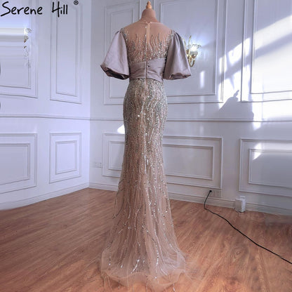 Serene Hill Silver Nude Luxury Mermaid Beading Evening Dresses Gowns Puffy Sleeves Elegant For Women Party LA70809 - SERENE HILL