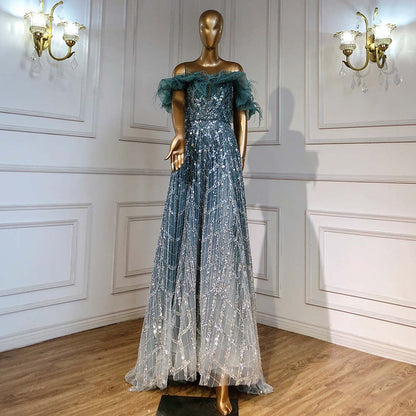 On Sale no return no refund Serene Hill Turquoise A-Line Luxury Evening Dresses Gowns 2025 Feather Beaded Sweetheart For Women Party LA71497 - SERENE HILL