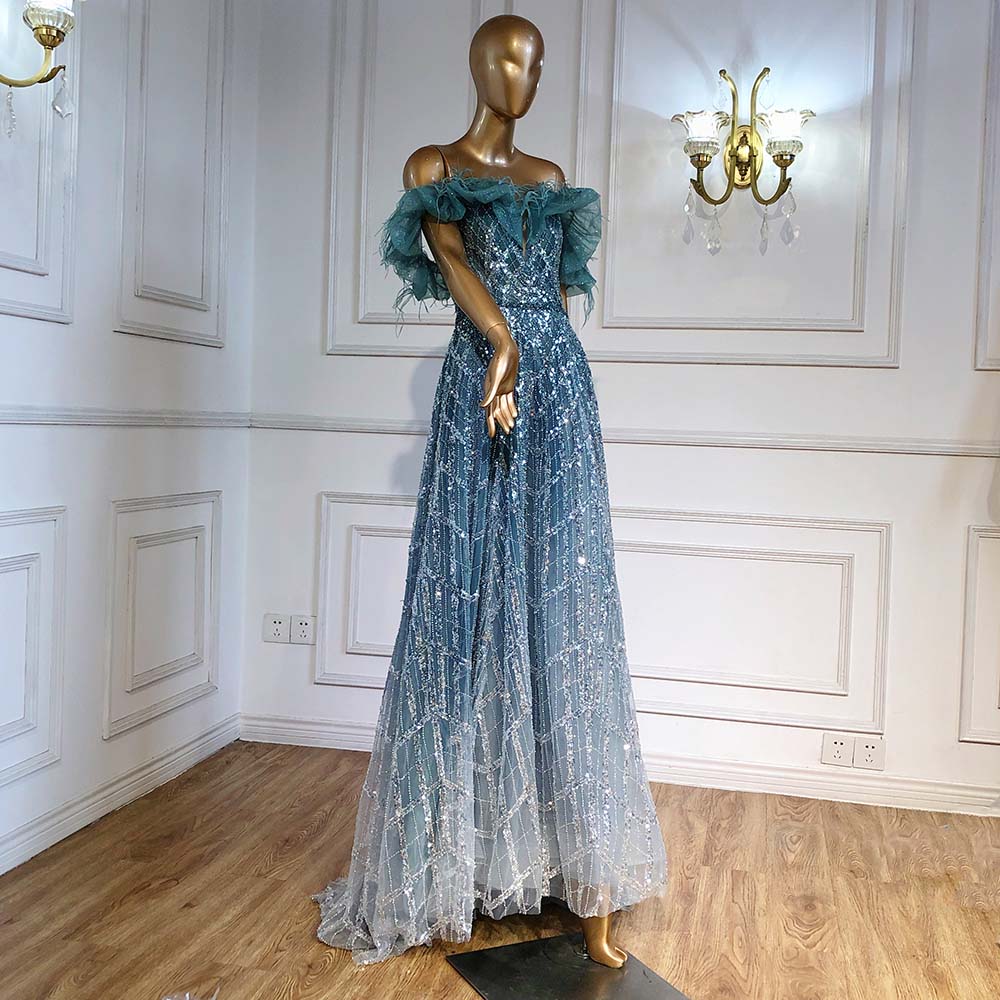 On Sale no return no refund Serene Hill Turquoise A-Line Luxury Evening Dresses Gowns 2025 Feather Beaded Sweetheart For Women Party LA71497 - SERENE HILL