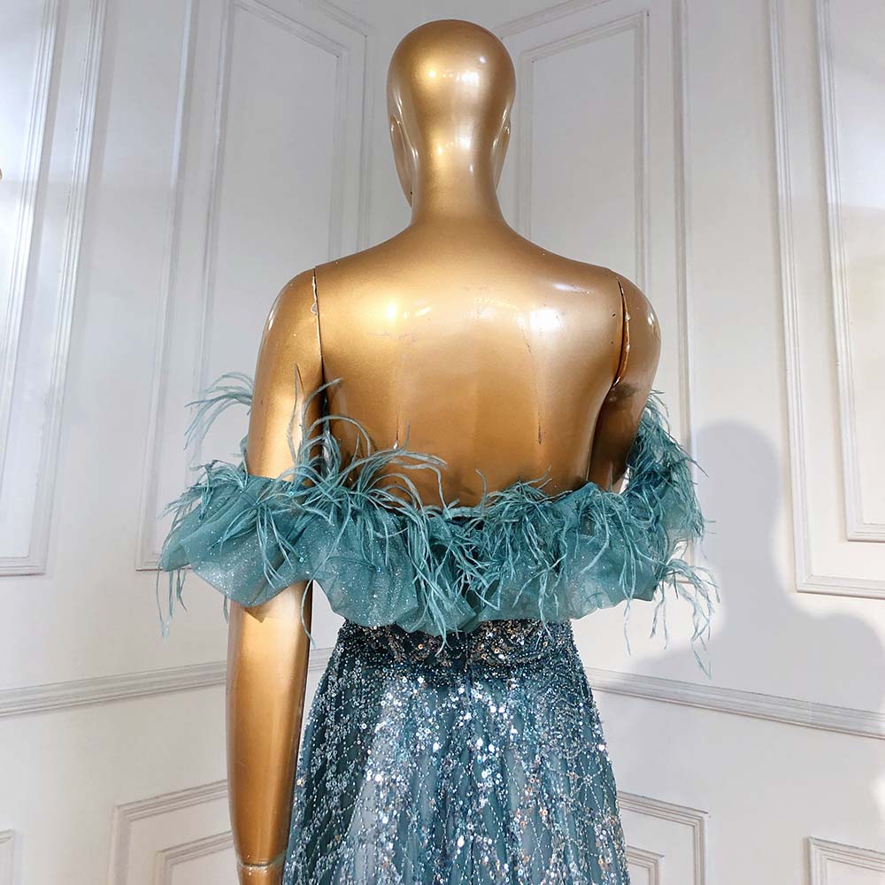 On Sale no return no refund Serene Hill Turquoise A-Line Luxury Evening Dresses Gowns 2025 Feather Beaded Sweetheart For Women Party LA71497 - SERENE HILL