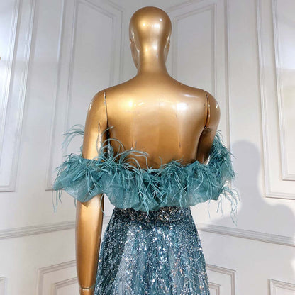 On Sale no return no refund Serene Hill Turquoise A-Line Luxury Evening Dresses Gowns 2025 Feather Beaded Sweetheart For Women Party LA71497 - SERENE HILL