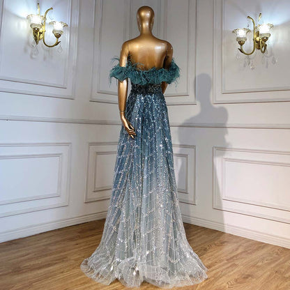 On Sale no return no refund Serene Hill Turquoise A-Line Luxury Evening Dresses Gowns 2025 Feather Beaded Sweetheart For Women Party LA71497 - SERENE HILL