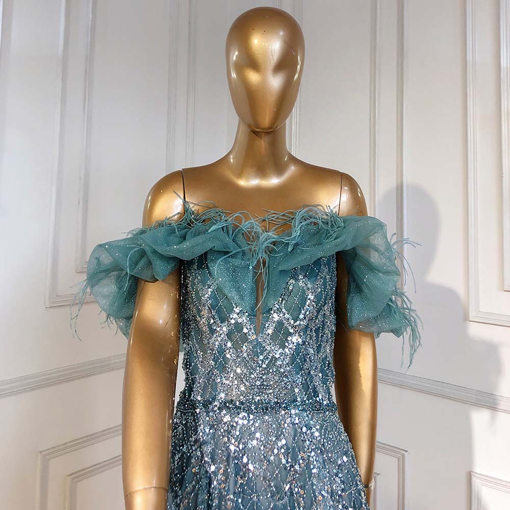 On Sale no return no refund Serene Hill Turquoise A-Line Luxury Evening Dresses Gowns 2025 Feather Beaded Sweetheart For Women Party LA71497 - SERENE HILL