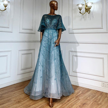 Serene Hill Turquoise Long Flare Sleeves Evening Dresses Gowns 2025 A-Line Luxury Beaded For Women Party LA70822 - SERENE HILL