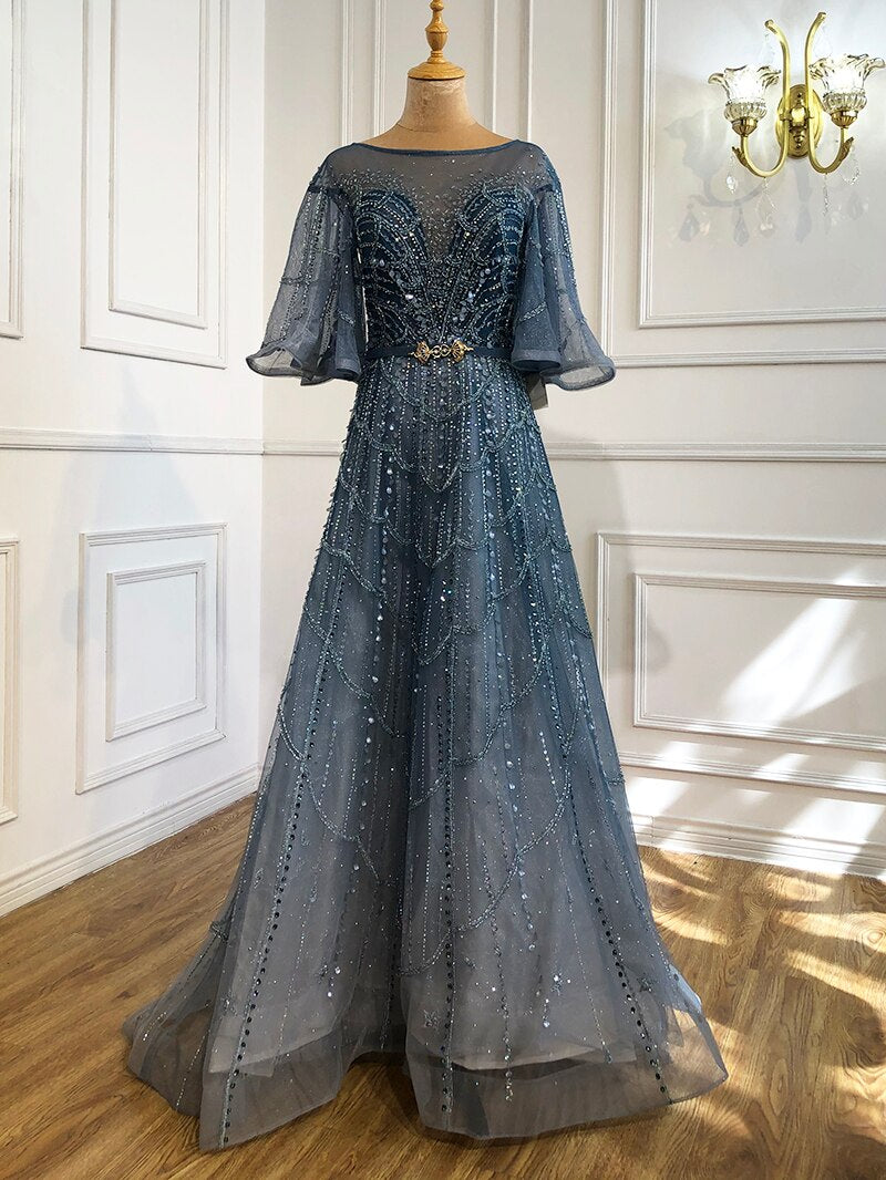 Serene Hill Turquoise Long Flare Sleeves Evening Dresses Gowns 2025 A-Line Luxury Beaded For Women Party LA70822 - SERENE HILL