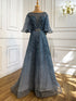 Serene Hill Turquoise Long Flare Sleeves Evening Dresses Gowns 2025 A-Line Luxury Beaded For Women Party LA70822 - SERENE HILL