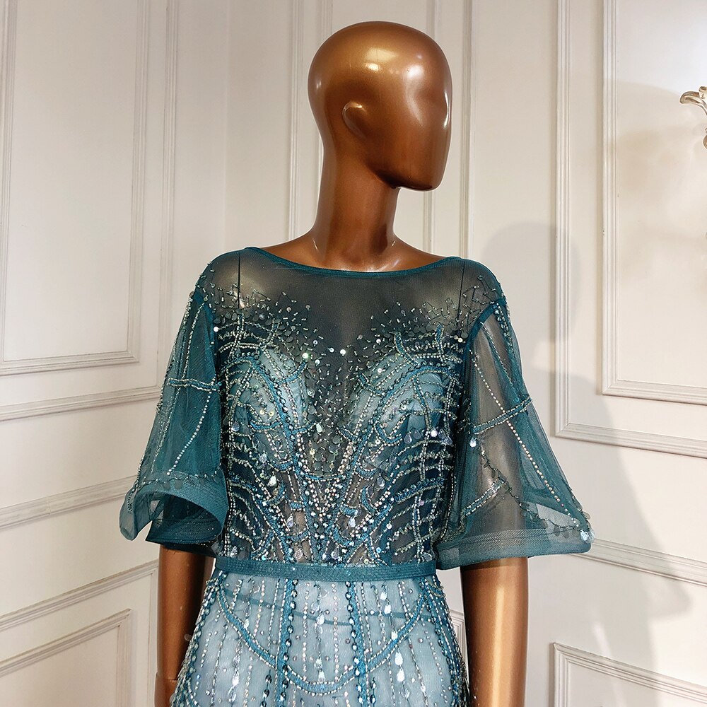 Serene Hill Turquoise Long Flare Sleeves Evening Dresses Gowns 2025 A-Line Luxury Beaded For Women Party LA70822 - SERENE HILL