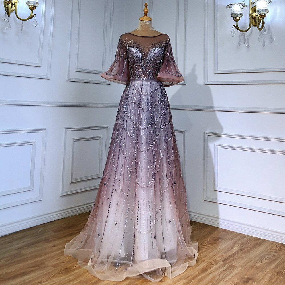 Serene Hill Turquoise Long Flare Sleeves Evening Dresses Gowns 2025 A-Line Luxury Beaded For Women Party LA70822 - SERENE HILL
