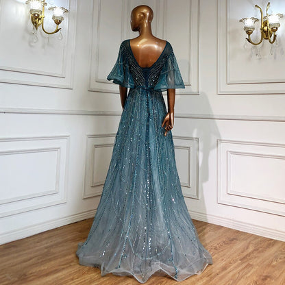 Serene Hill Turquoise Long Flare Sleeves Evening Dresses Gowns 2025 A-Line Luxury Beaded For Women Party LA70822 - SERENE HILL
