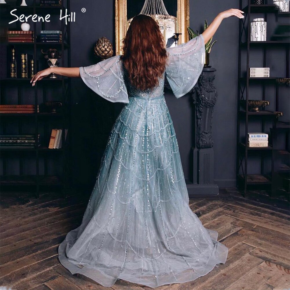 Serene Hill Turquoise Long Flare Sleeves Evening Dresses Gowns 2025 A-Line Luxury Beaded For Women Party LA70822 - SERENE HILL