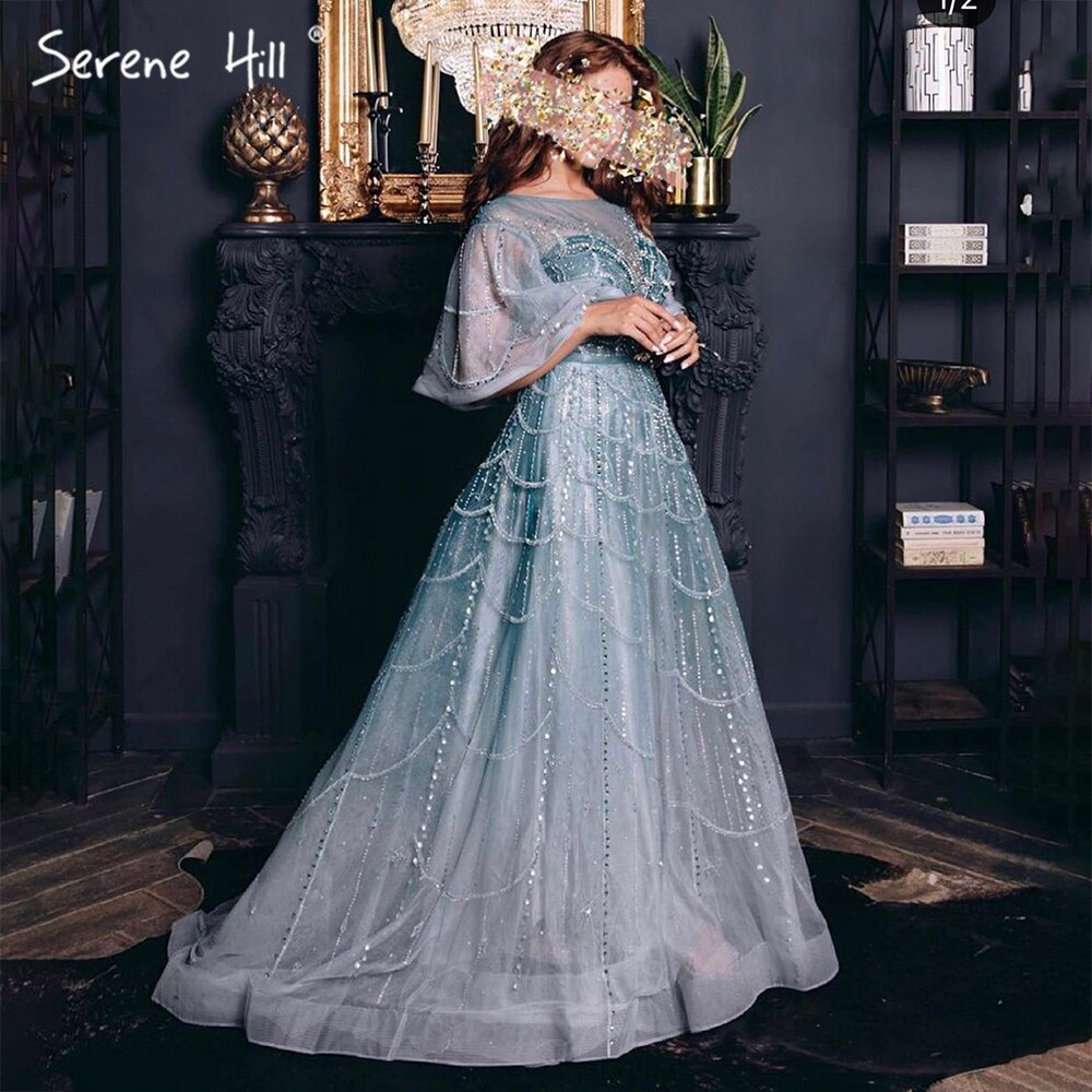 Serene Hill Turquoise Long Flare Sleeves Evening Dresses Gowns 2025 A-Line Luxury Beaded For Women Party LA70822 - SERENE HILL