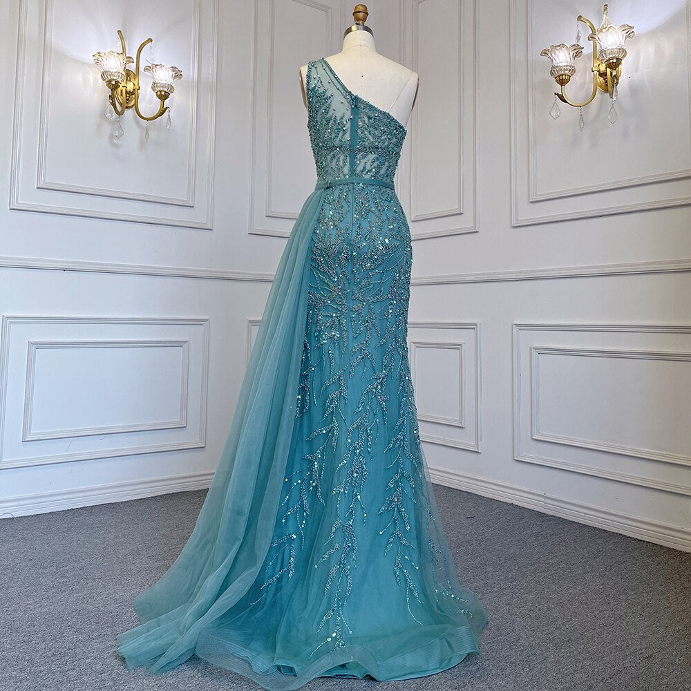 Serene Hill Turquoise Mermaid Elegant With Skirt Sexy High Split Evening Dresses Gowns Luxury Beaded Crystal 2025 Women LA71582A - SERENE HILL