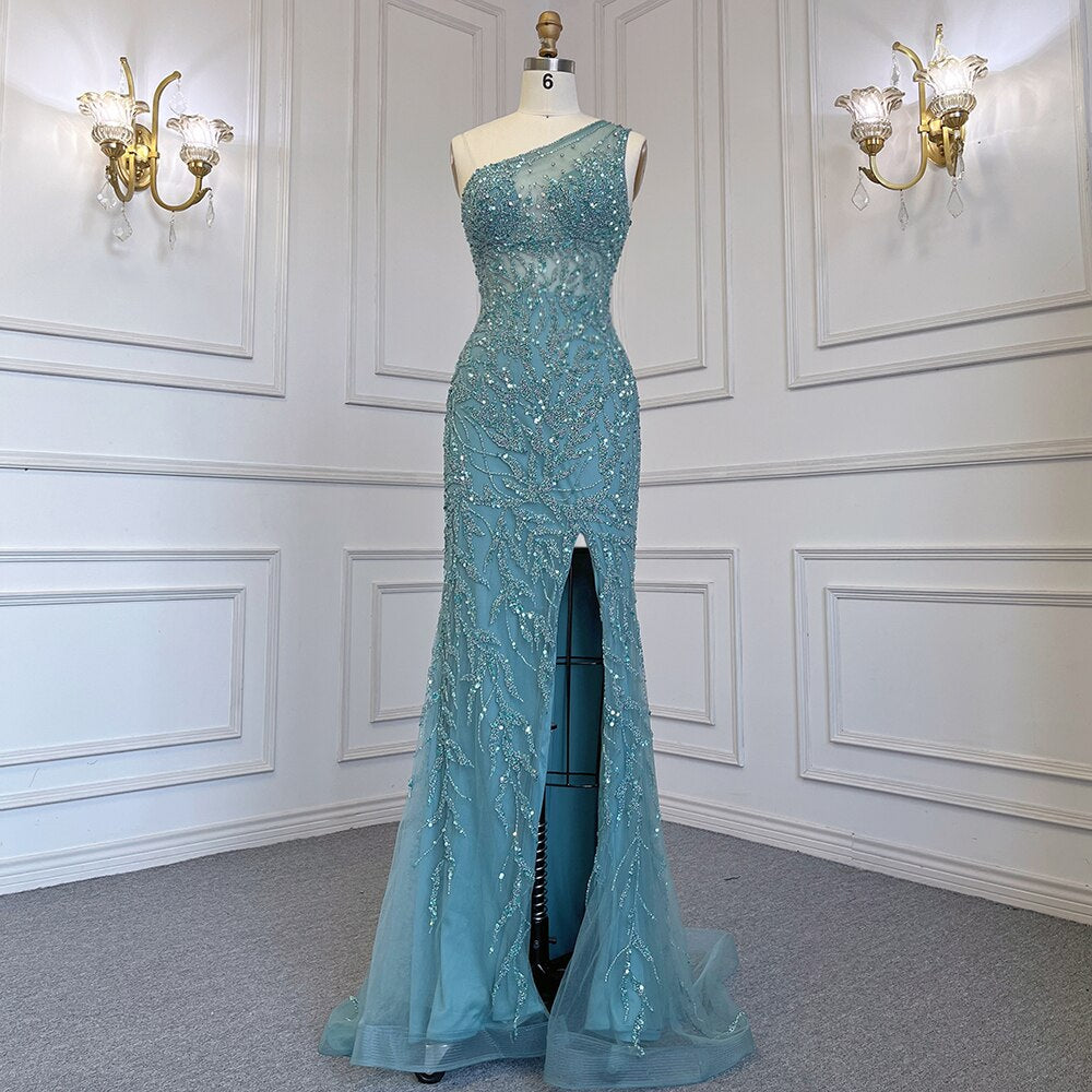 Serene Hill Turquoise Mermaid Elegant With Skirt Sexy High Split Evening Dresses Gowns Luxury Beaded Crystal 2025 Women LA71582A - SERENE HILL