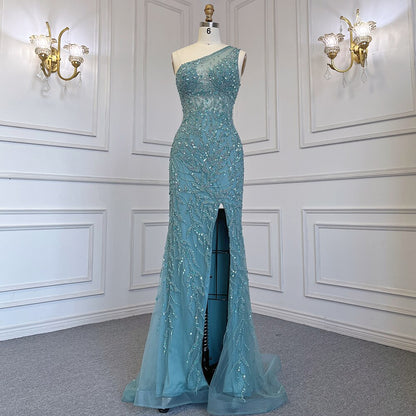 Serene Hill Turquoise Mermaid Elegant With Skirt Sexy High Split Evening Dresses Gowns Luxury Beaded Crystal 2025 Women LA71582A - SERENE HILL
