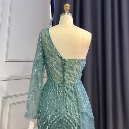 Serene Hill Turquoise Mermaid High Split Evening Dresses Gowns Sexy One-Shoulder Beaded Overskirt 2025 For Women Party LA71520 - SERENE HILL