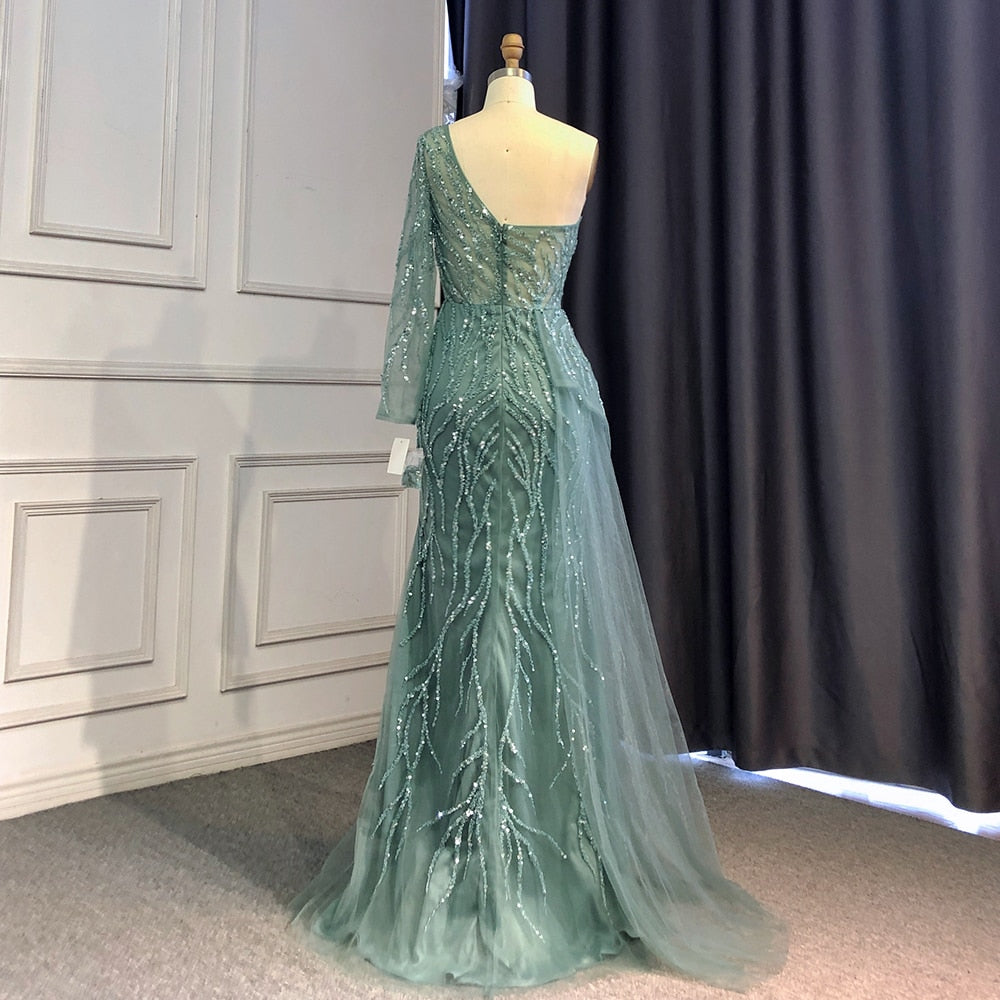 Serene Hill Turquoise Mermaid High Split Evening Dresses Gowns Sexy One-Shoulder Beaded Overskirt 2025 For Women Party LA71520 - SERENE HILL