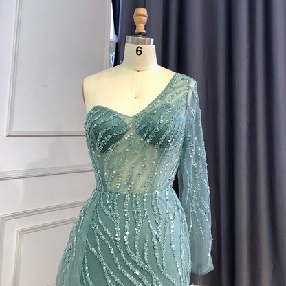 Serene Hill Turquoise Mermaid High Split Evening Dresses Gowns Sexy One-Shoulder Beaded Overskirt 2025 For Women Party LA71520 - SERENE HILL