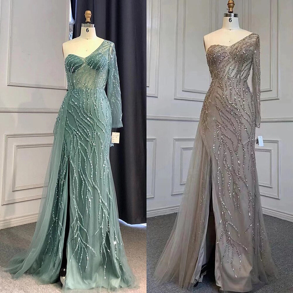Serene Hill Turquoise Mermaid High Split Evening Dresses Gowns Sexy One-Shoulder Beaded Overskirt 2025 For Women Party LA71520 - SERENE HILL