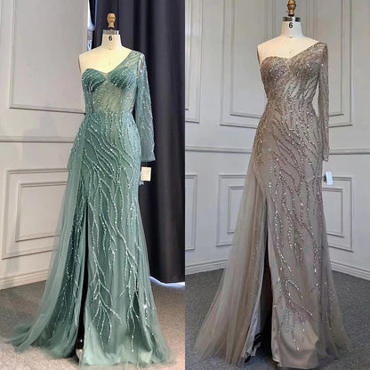 Serene Hill Turquoise Mermaid High Split Evening Dresses Gowns Sexy One-Shoulder Beaded Overskirt 2025 For Women Party LA71520 - SERENE HILL
