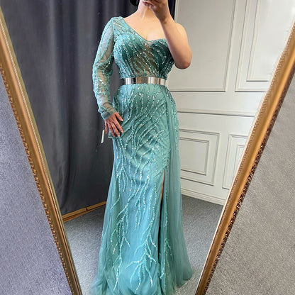 Serene Hill Turquoise Mermaid High Split Evening Dresses Gowns Sexy One-Shoulder Beaded Overskirt 2025 For Women Party LA71520 - SERENE HILL
