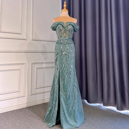 Serene Hill Turquoise Mermaid Sexy Evening Dresses Gowns 2025 Beaded Elegant Luxury High Split For Woman Party LA71593 - SERENE HILL