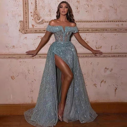 Serene Hill Turquoise Mermaid Sexy Evening Dresses Gowns 2025 Beaded Elegant Luxury High Split For Woman Party LA71593 - SERENE HILL